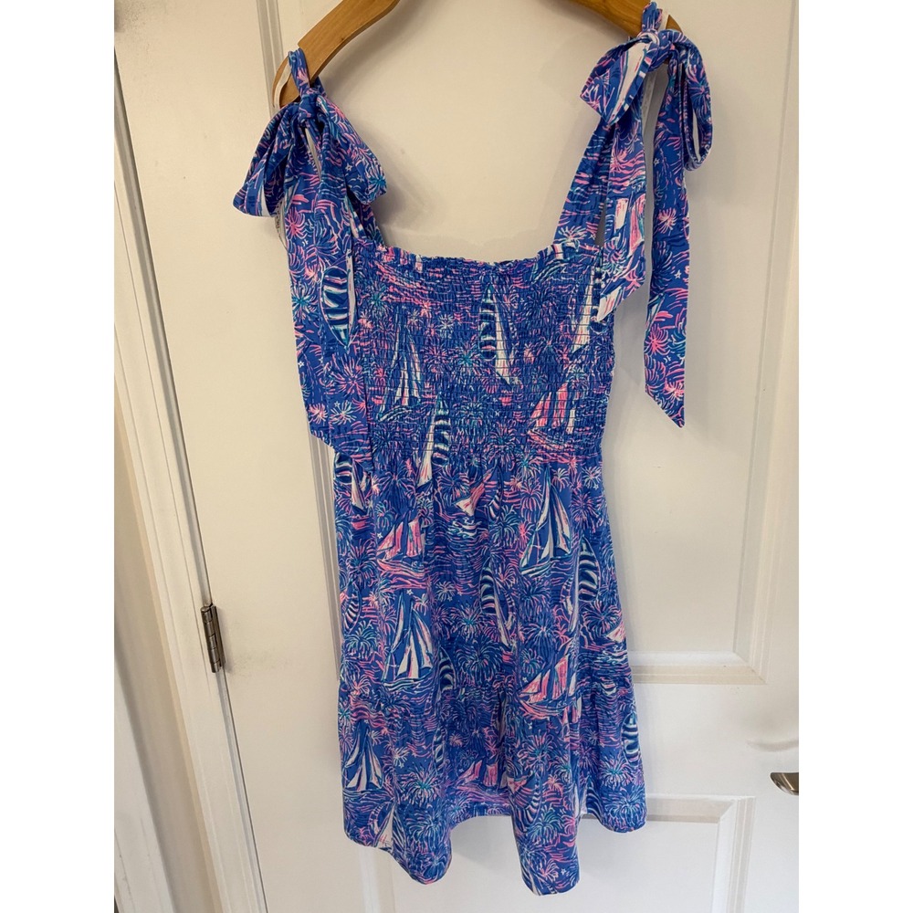 Lilly Pulitzer Sailboat Smocked Tie Shoulder Mini Dress Blue Pink Medium